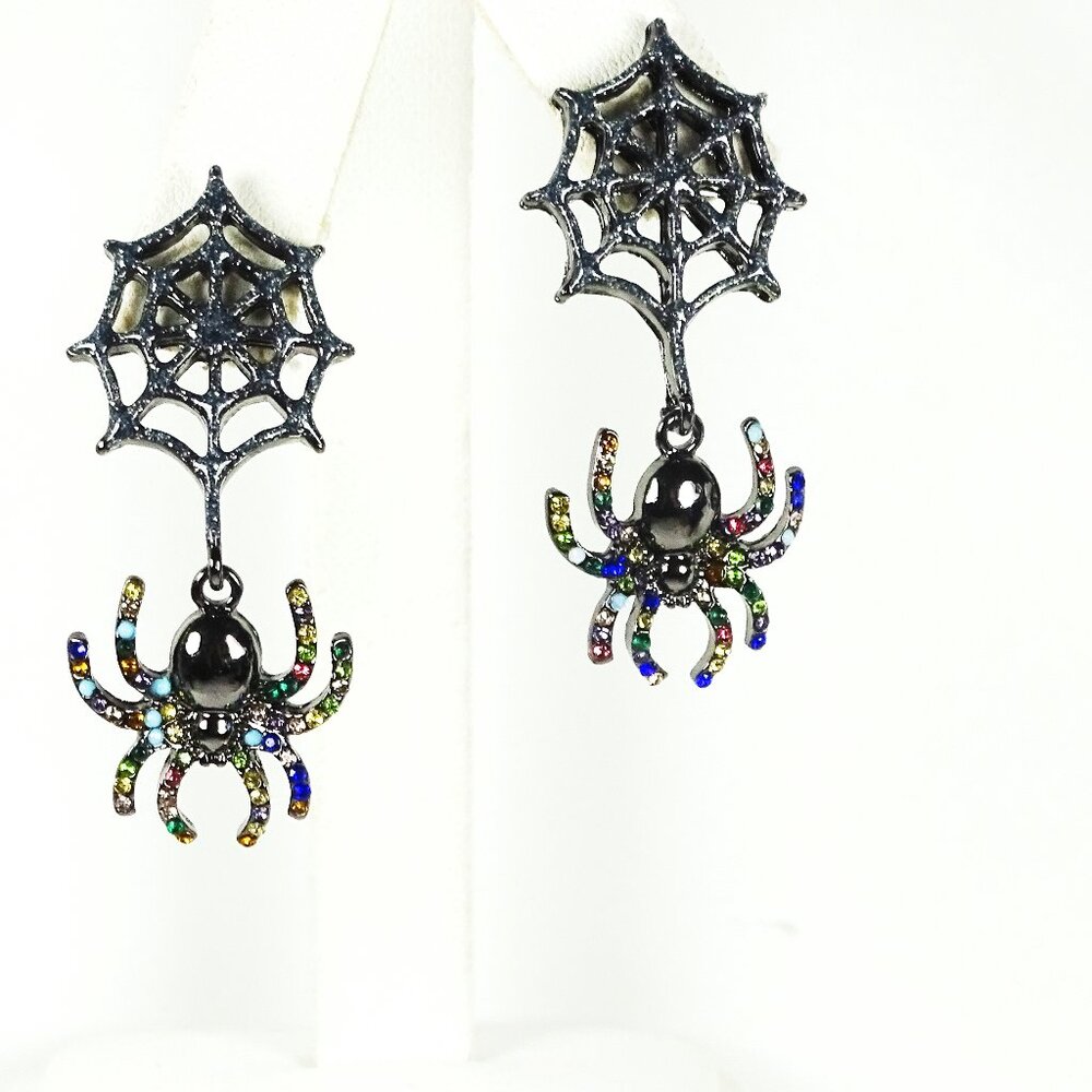 BAUBLEBAR Black Tone Metal Multicolor Crystals Spider Web Dangle Earrings